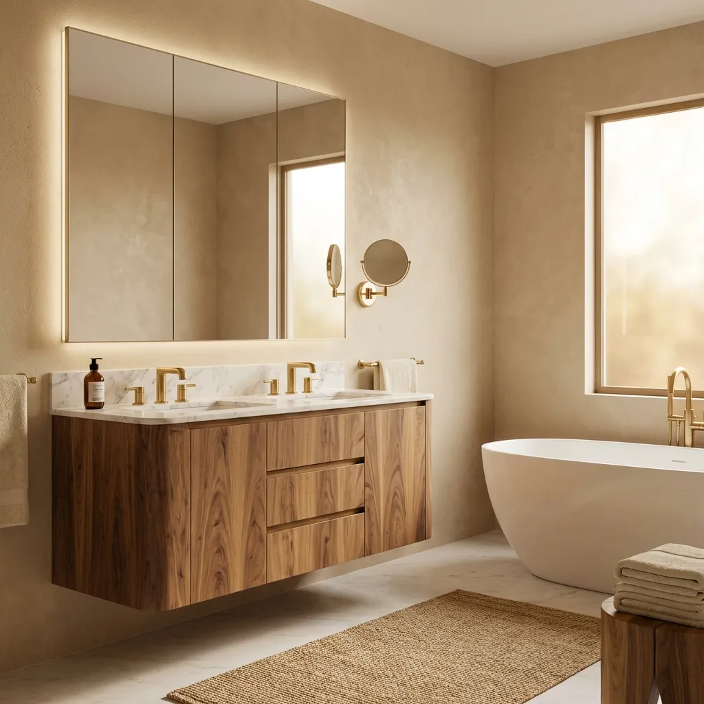 6,Wood Grain Veneer Bathroom Cabinet